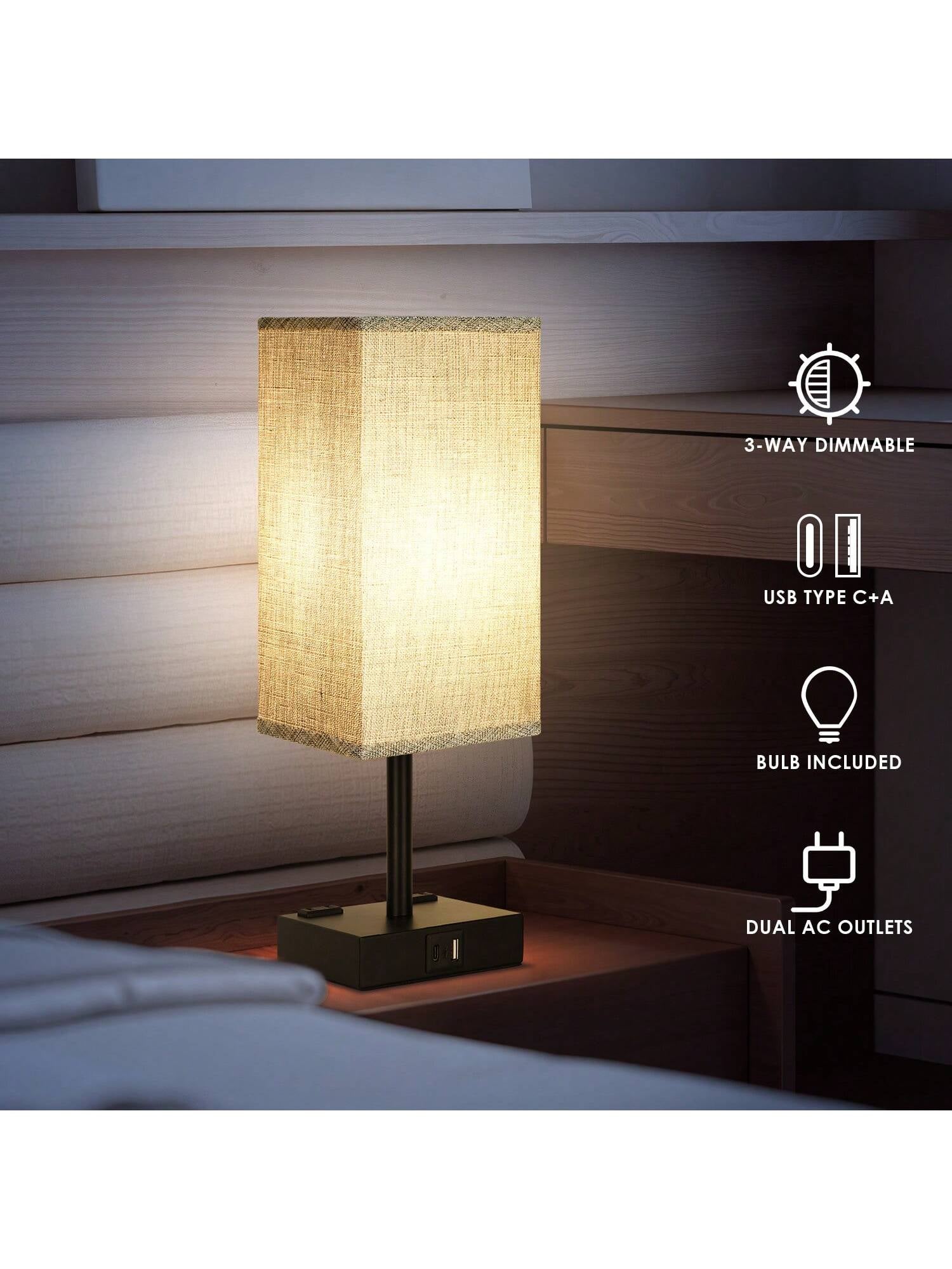 Stylish Touch Bedside Table Lamps Set of 2 - 3-Way Dimmable with USB & AC Ports, Perfect for Bedroom & Living Room (Bulb Included)