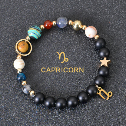 Carry the energy of the cosmos wherever you go. This Eight Planets Twelve Constellations Frosted Stone Beaded Bracelet blends.