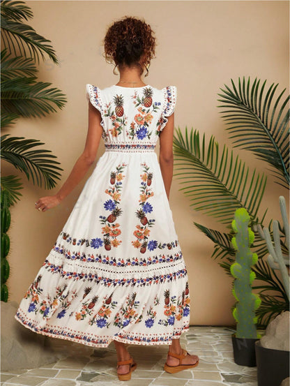 Women's Holiday Print V-neck Cover Sleeve Dress