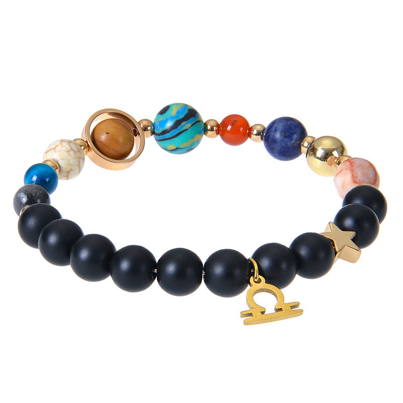 Carry the energy of the cosmos wherever you go. This Eight Planets Twelve Constellations Frosted Stone Beaded Bracelet blends.