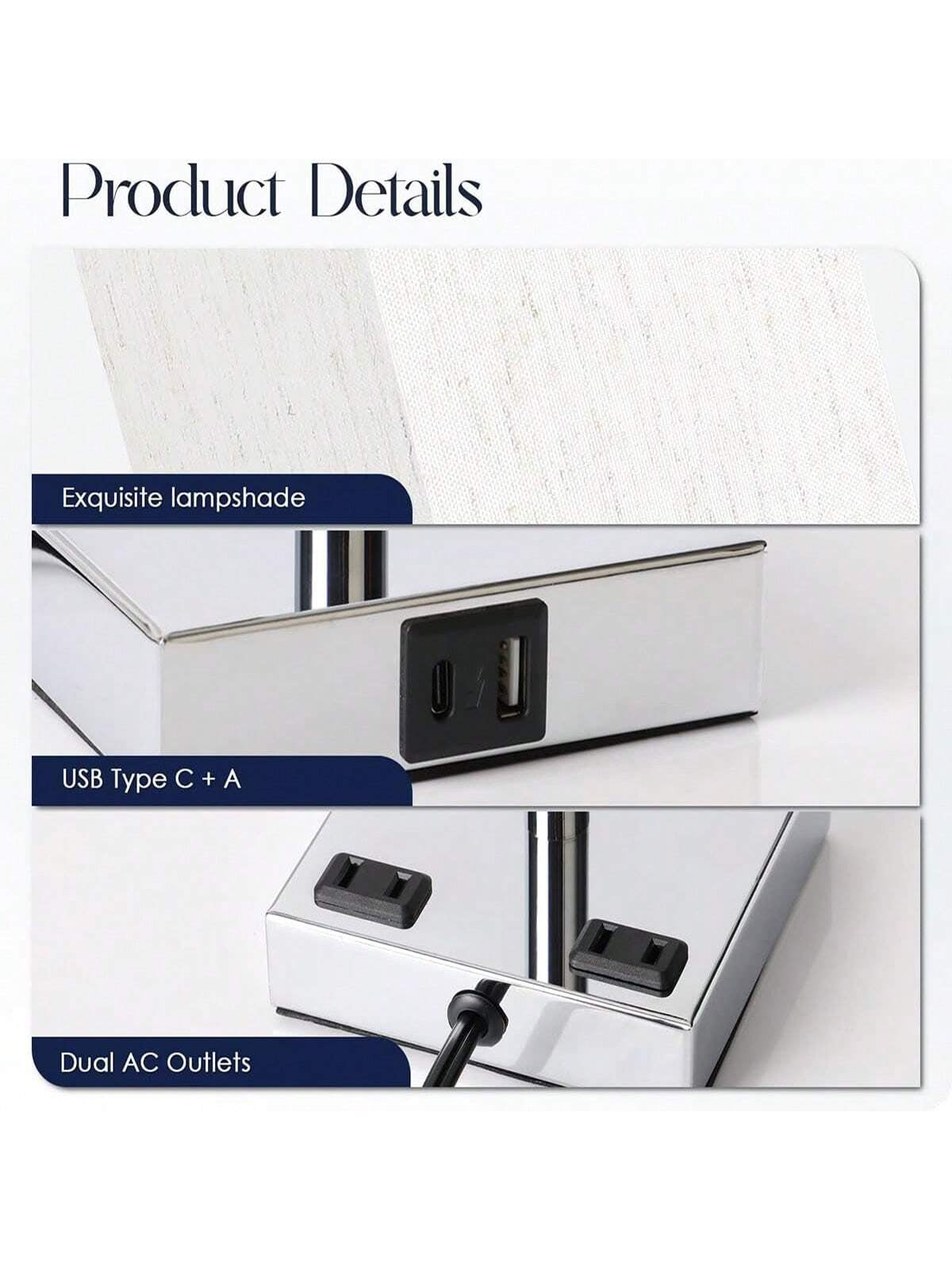 Sleek Touch Control Bedside Lamp with USB C+A Ports & AC Outlets - 3-Way Dimmable Nightstand Light for Bedroom & Living Room (LED Bulb Included, Chrome Finish)