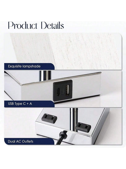 Sleek Touch Control Bedside Lamp with USB C+A Ports & AC Outlets - 3-Way Dimmable Nightstand Light for Bedroom & Living Room (LED Bulb Included, Chrome Finish)