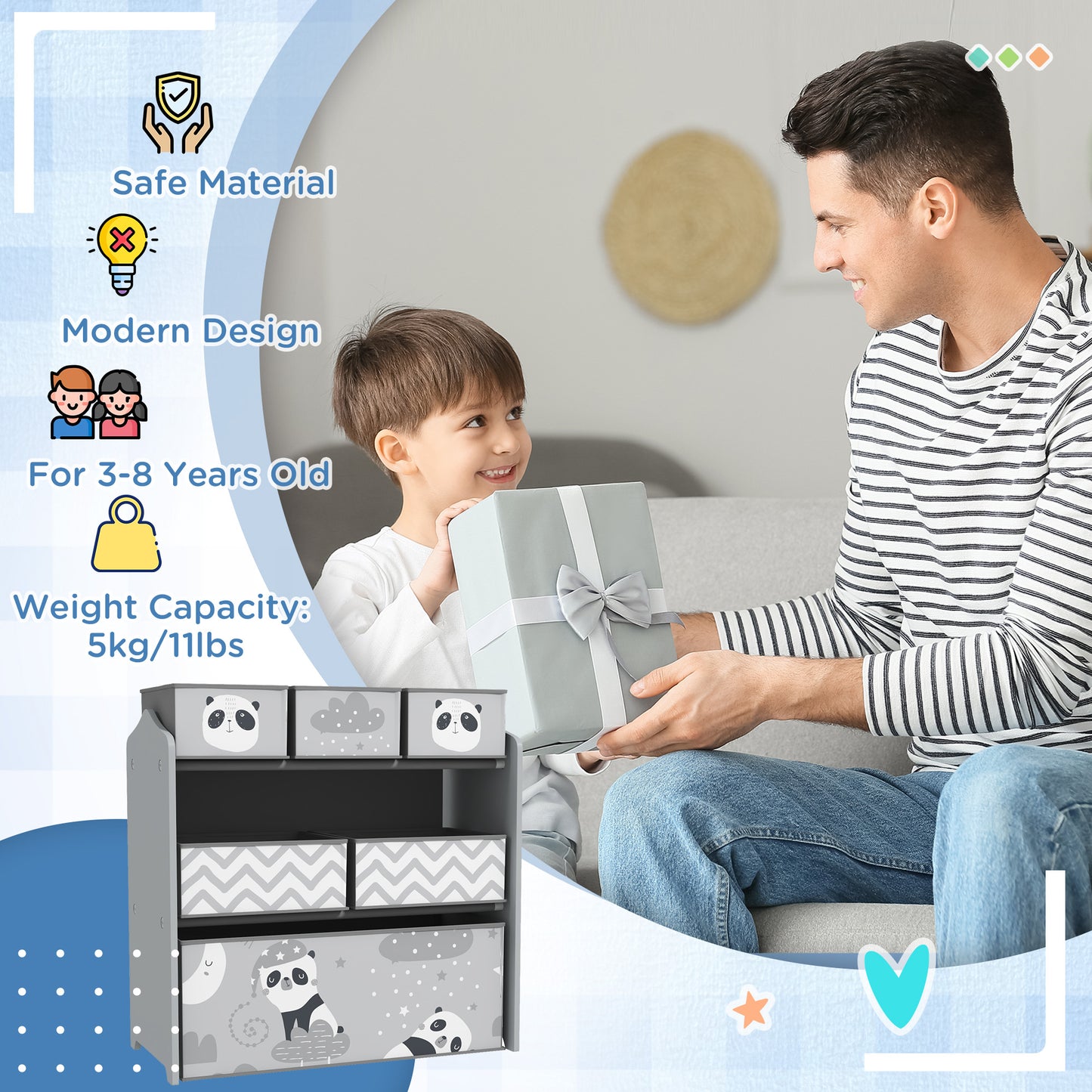 Kids Toy Organizer with 6 Storage Bins, 25" x 12" x 26", Gray
