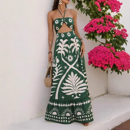 Women's Holiday Style Printed Front Cross Mid-length Dress