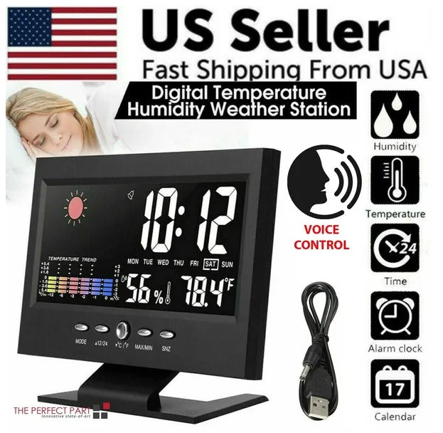 LED Digital Alarm Clock with Snooze, Calendar, Thermometer & Hygrometer Weather Display