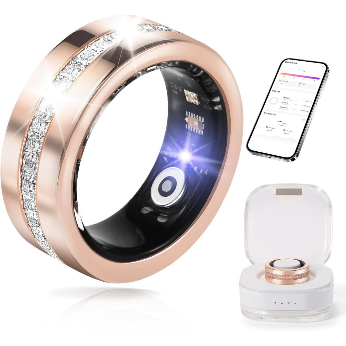 New Smart Ring For Women, Health & Fitness Tracker With Heart Rate, Blood Oxygen, Sleep Monitoring, Elegant Rose Gold With Crystal Accents, Waterproof