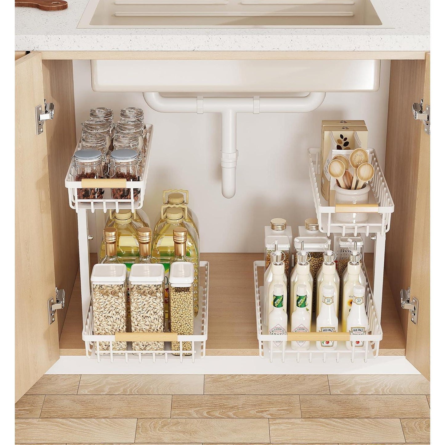 Metal Adjustable Height Two-Tier Drawer Kitchen & Bathroom Under Cabinet Storage Racks
