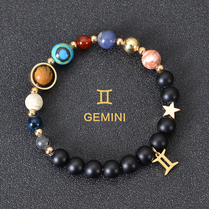 Carry the energy of the cosmos wherever you go. This Eight Planets Twelve Constellations Frosted Stone Beaded Bracelet blends.
