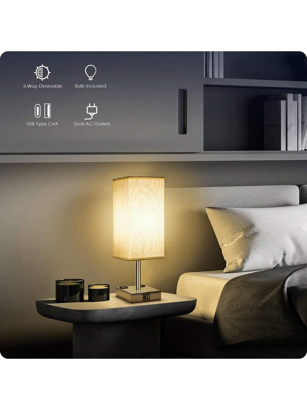 Sleek Touch Control Bedside Lamp with USB C+A Ports & AC Outlets - 3-Way Dimmable Nightstand Light for Bedroom & Living Room (LED Bulb Included, Chrome Finish)