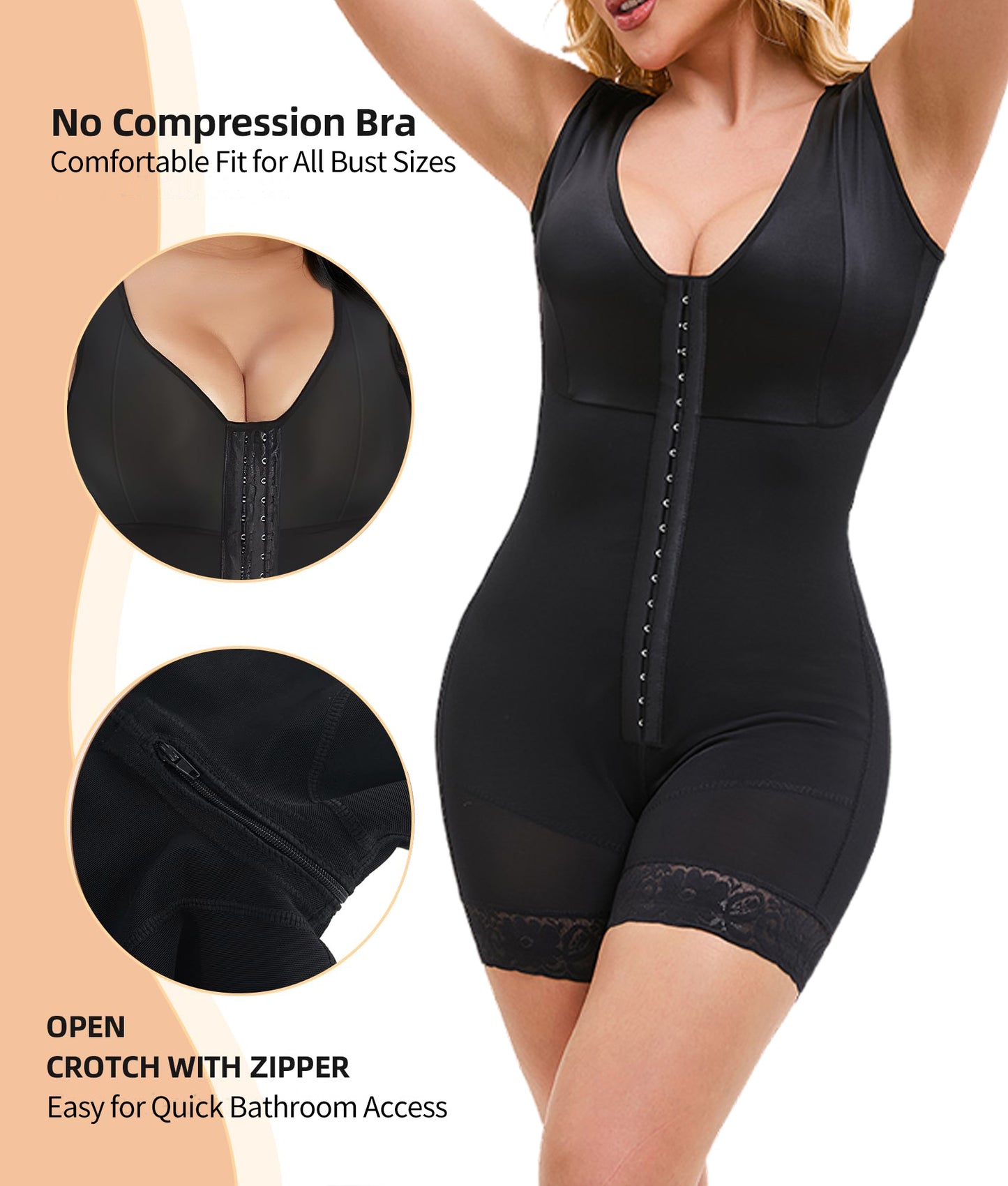Full body shapewear bodysuit with tummy control, butt lifting, and zipper design.