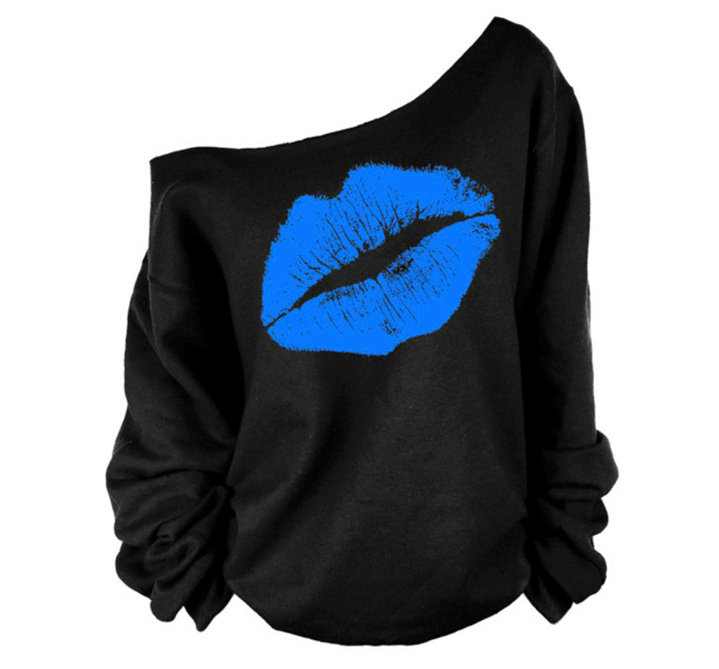 Lip Print Slant Shoulder Top – Trendy One-Shoulder Fashion Statement