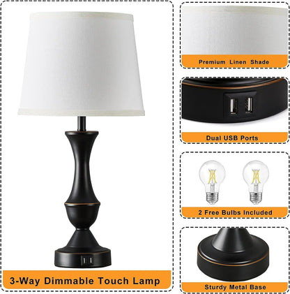 Elegant Set of 2 3-Way Dimmable Linen Fabric Lamps for Living Room & Bedroom Nightstands