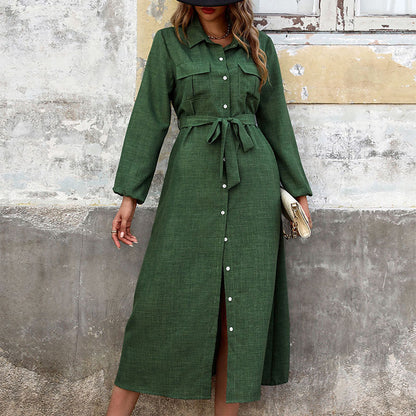 This women’s green long sleeve dress features a classic turn-down collar and solid color design for a timeless, flattering look.