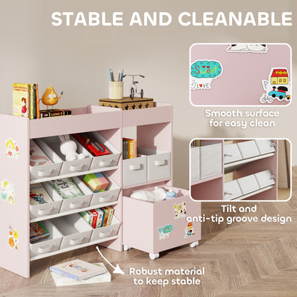 Kids Toy Storage Unit With 11 Bins, Cabinet, Top Shelves, 3 Stickers, For Nursery, Playroom, Pink
