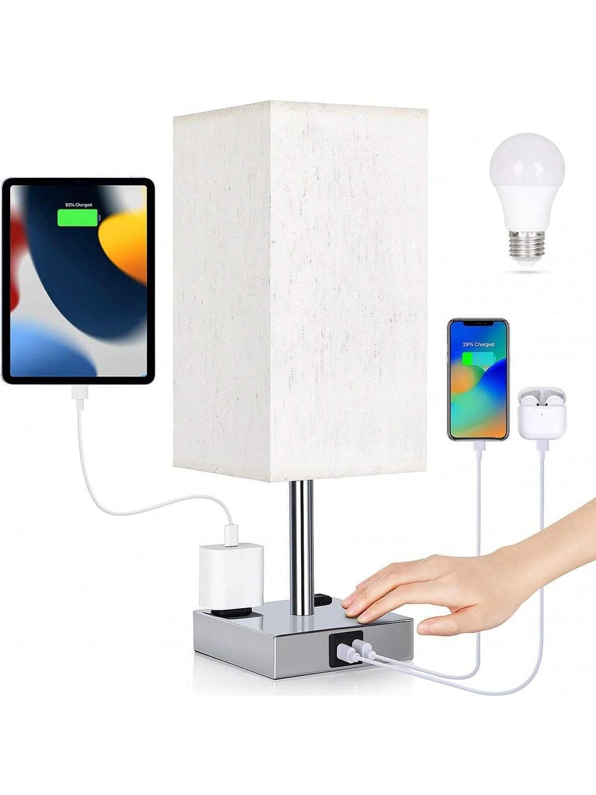 Sleek Touch Control Bedside Lamp with USB C+A Ports & AC Outlets - 3-Way Dimmable Nightstand Light for Bedroom & Living Room (LED Bulb Included, Chrome Finish)