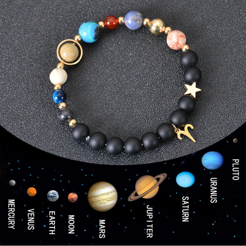 Carry the energy of the cosmos wherever you go. This Eight Planets Twelve Constellations Frosted Stone Beaded Bracelet blends.