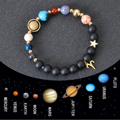 Carry the energy of the cosmos wherever you go. This Eight Planets Twelve Constellations Frosted Stone Beaded Bracelet blends.