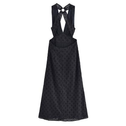 Hollow Embroidery Halter Backless Dress