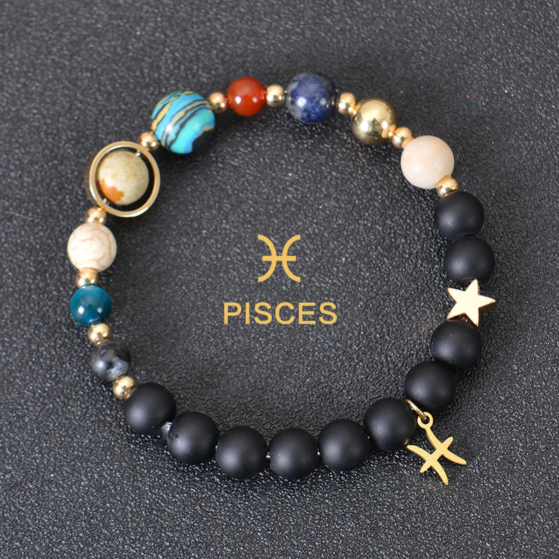 Carry the energy of the cosmos wherever you go. This Eight Planets Twelve Constellations Frosted Stone Beaded Bracelet blends.