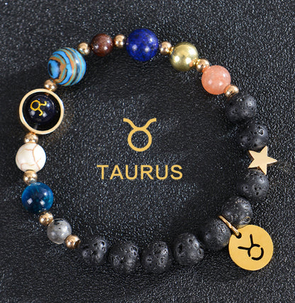 Carry the energy of the cosmos wherever you go. This Eight Planets Twelve Constellations Frosted Stone Beaded Bracelet blends.