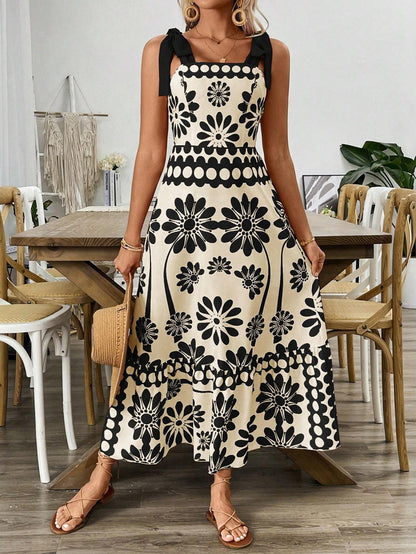 Casual Floral Print Shoulder Tie Waist Suspender Dress