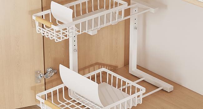 Metal Adjustable Height Two-Tier Drawer Kitchen & Bathroom Under Cabinet Storage Racks