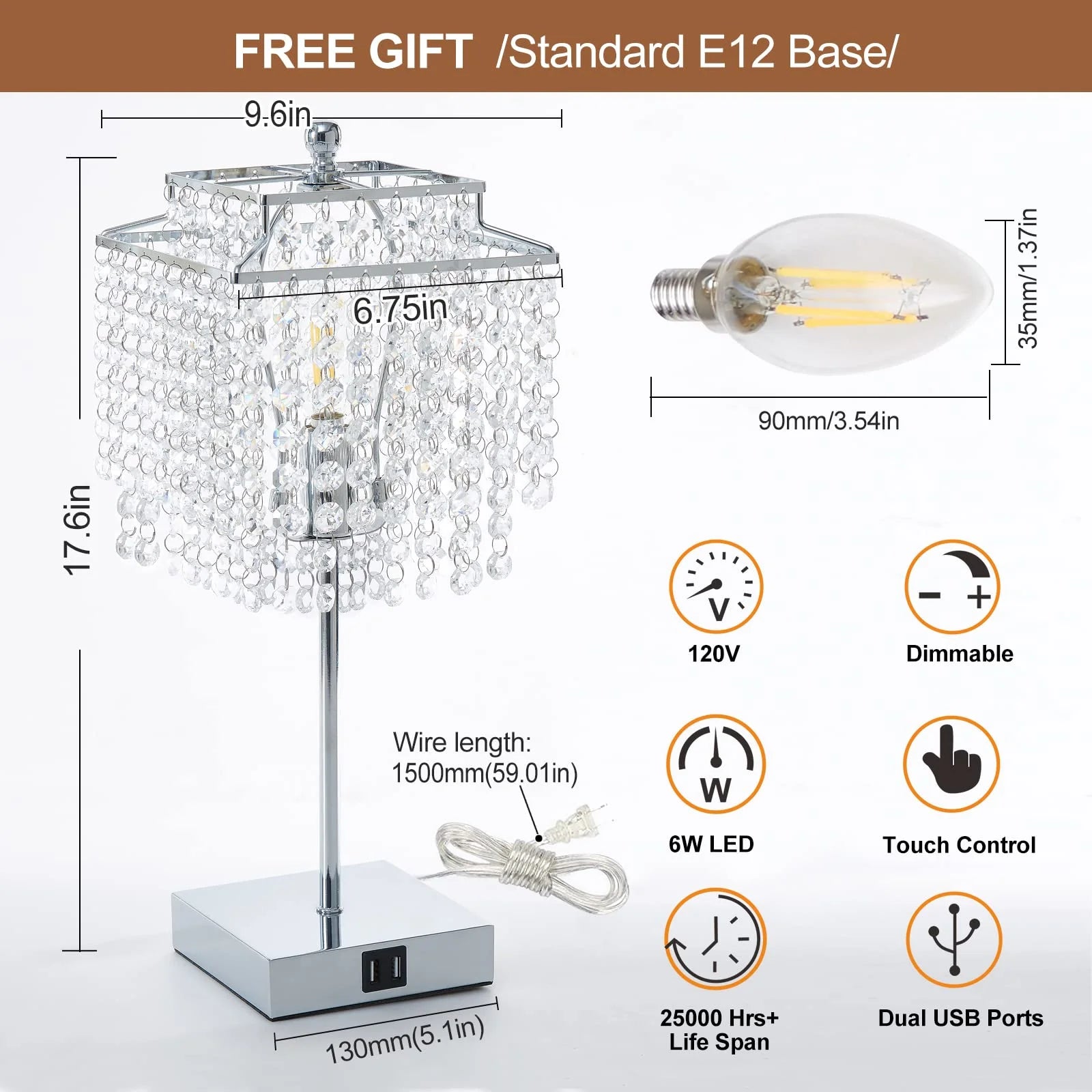 Sleek Silver Modern Touch Table Lamp with Dual USB Charging Ports - 3-Way Dimmable Crystal Shade Nightstand Lamp for Girls Bedroom & Living Room