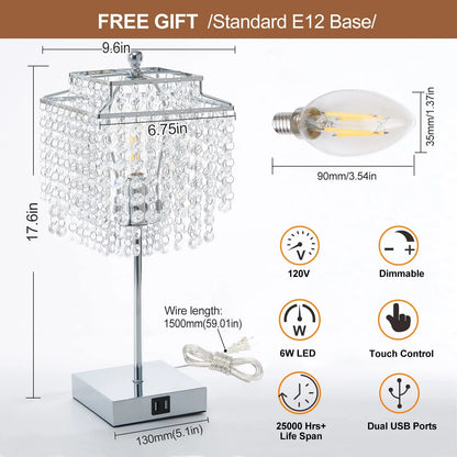 Sleek Silver Modern Touch Table Lamp with Dual USB Charging Ports - 3-Way Dimmable Crystal Shade Nightstand Lamp for Girls Bedroom & Living Room