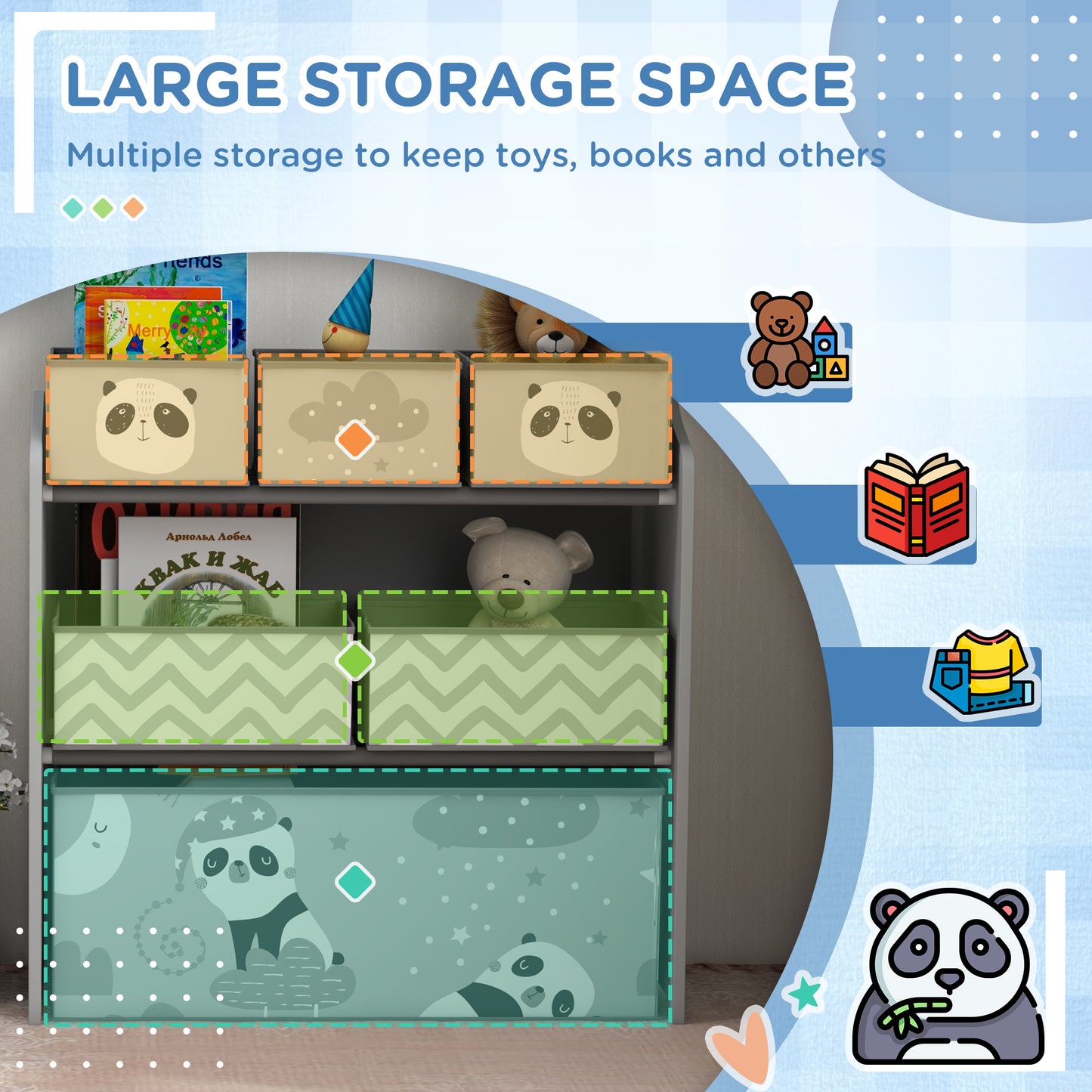 Kids Toy Organizer with 6 Storage Bins, 25" x 12" x 26", Gray