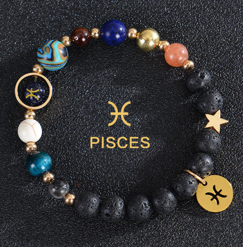Carry the energy of the cosmos wherever you go. This Eight Planets Twelve Constellations Frosted Stone Beaded Bracelet blends.