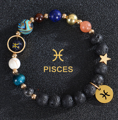 Carry the energy of the cosmos wherever you go. This Eight Planets Twelve Constellations Frosted Stone Beaded Bracelet blends.