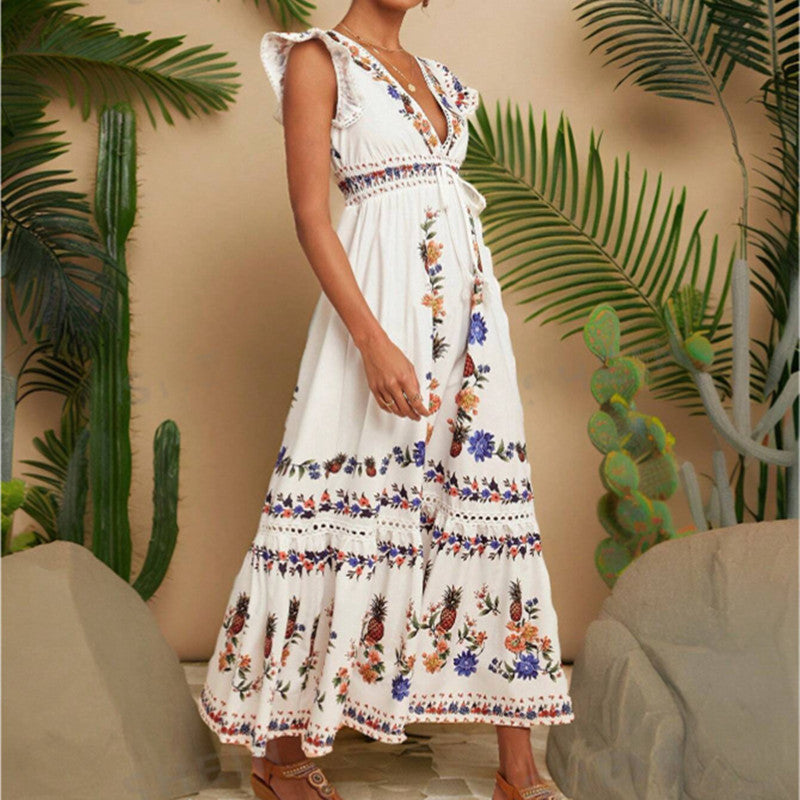 Women's Holiday Print V-neck Cover Sleeve Dress