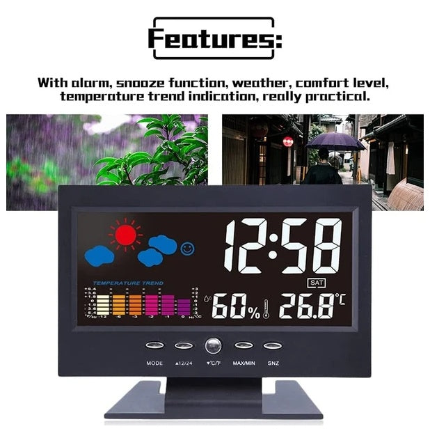 LED Digital Alarm Clock with Snooze, Calendar, Thermometer & Hygrometer Weather Display