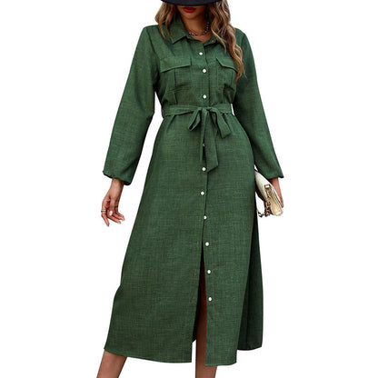 This women’s green long sleeve dress features a classic turn-down collar and solid color design for a timeless, flattering look.