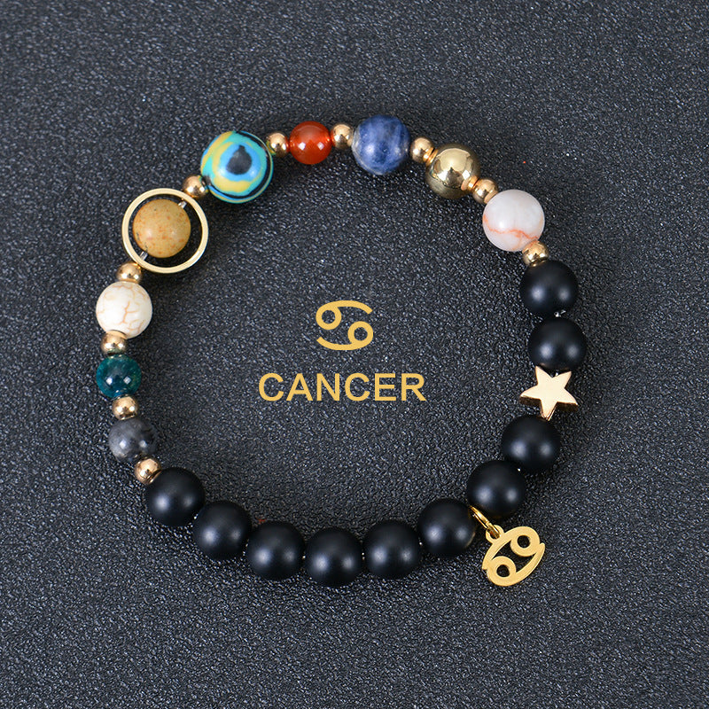 Carry the energy of the cosmos wherever you go. This Eight Planets Twelve Constellations Frosted Stone Beaded Bracelet blends.