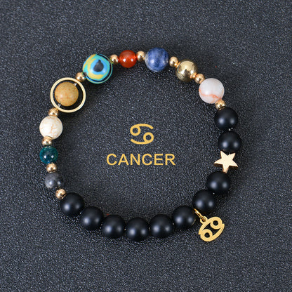 Carry the energy of the cosmos wherever you go. This Eight Planets Twelve Constellations Frosted Stone Beaded Bracelet blends.