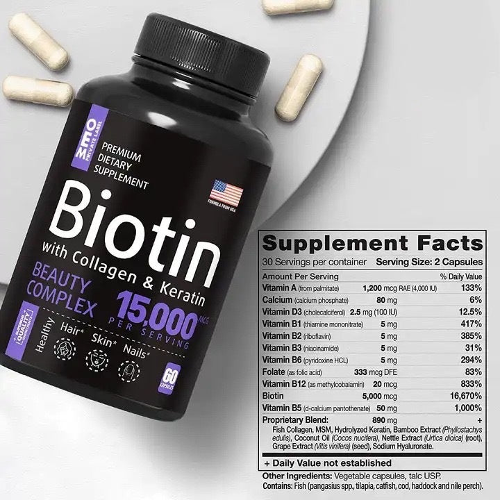 Biotin Hair Supplement Capsules for Hair Growth Strength & Shine