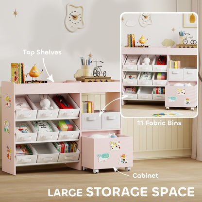Kids Toy Storage Unit With 11 Bins, Cabinet, Top Shelves, 3 Stickers, For Nursery, Playroom, Pink