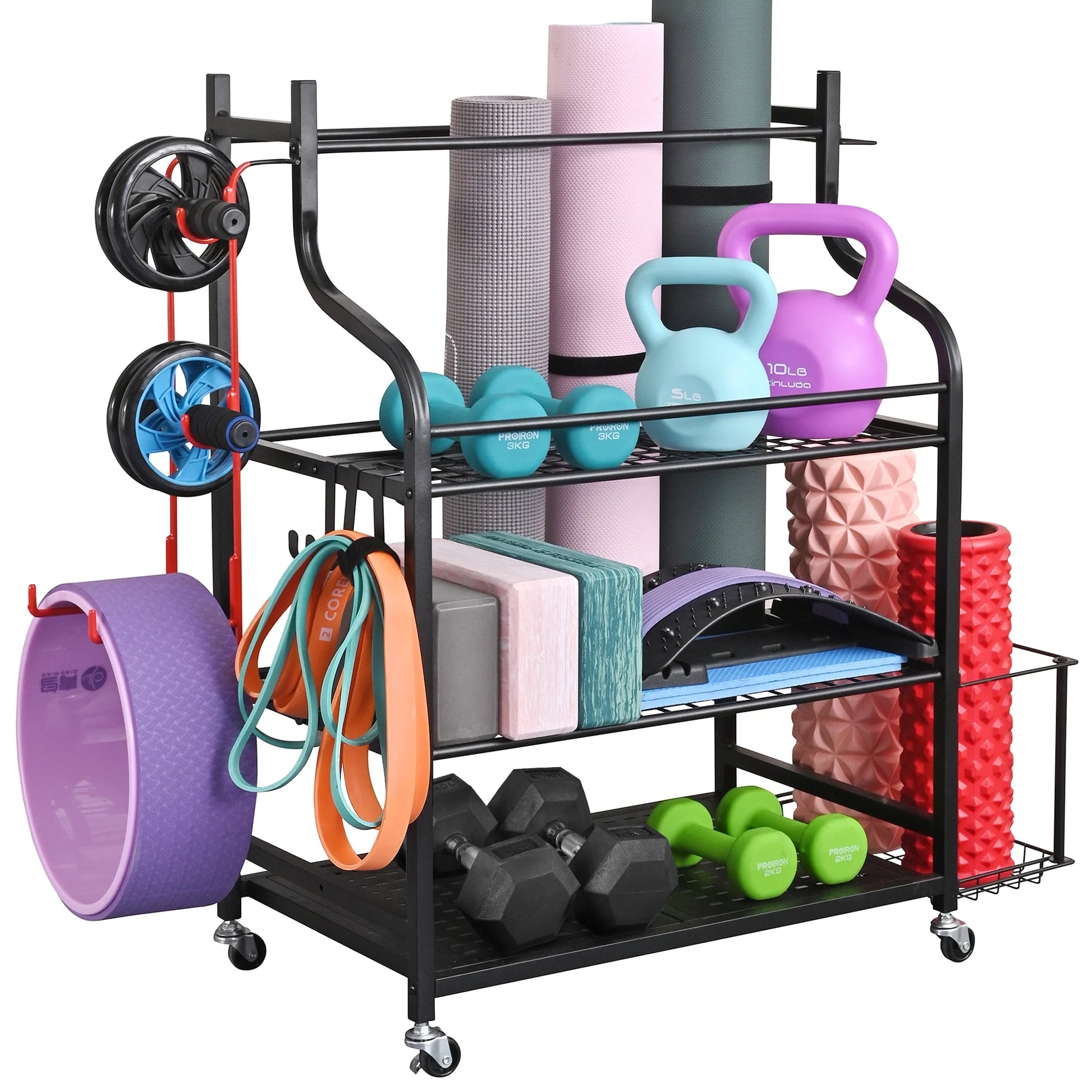 Yoga Mat and Workout Equipment Storage Rack with Hooks and Wheels for Home Gym Organization