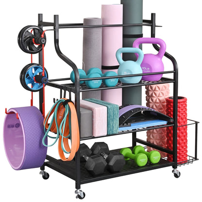 Yoga Mat and Workout Equipment Storage Rack with Hooks and Wheels for Home Gym Organization