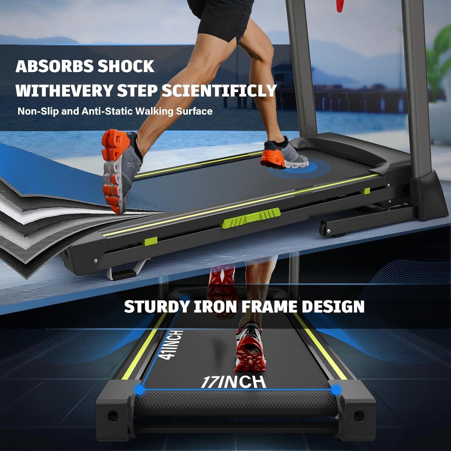 This portable folding treadmill features a silent motor, dual shock absorption, and a 330 lb weight capacity—perfect for home workouts without noise