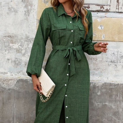 This women’s green long sleeve dress features a classic turn-down collar and solid color design for a timeless, flattering look.