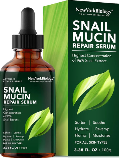 Revitalize Your Skin with New York Biology 96% Korean Snail Mucin Serum - 3.38 Fl. Oz Hydrating Moisturizer for Dry, Dull Skin and Wrinkles