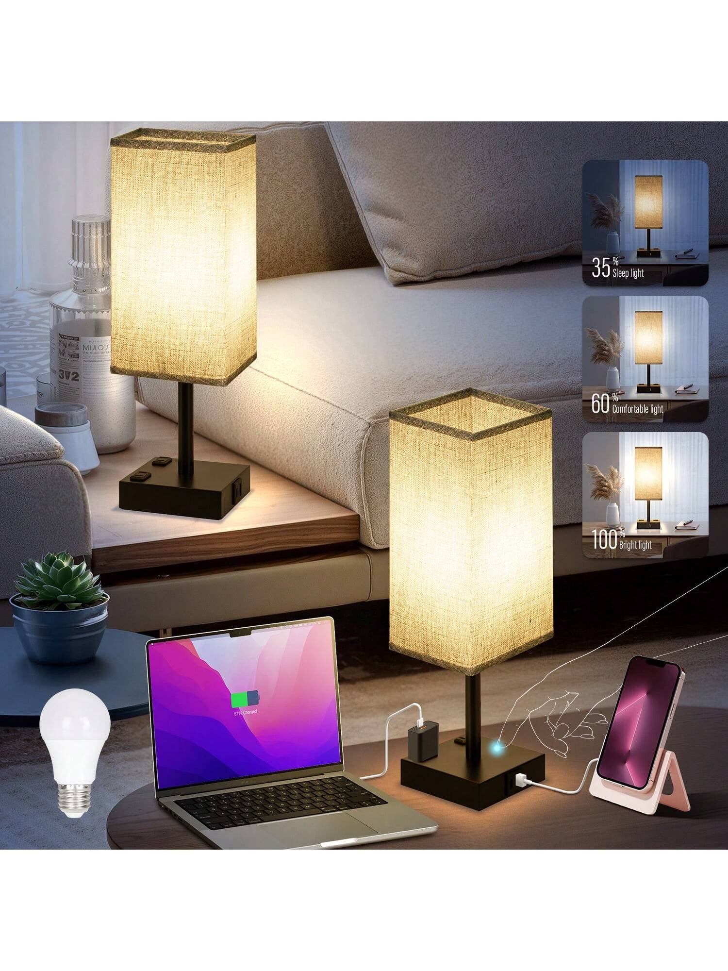 Stylish Touch Bedside Table Lamps Set of 2 - 3-Way Dimmable with USB & AC Ports, Perfect for Bedroom & Living Room (Bulb Included)