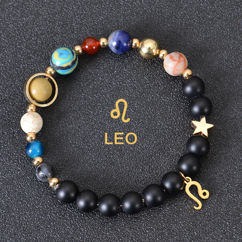 Carry the energy of the cosmos wherever you go. This Eight Planets Twelve Constellations Frosted Stone Beaded Bracelet blends.