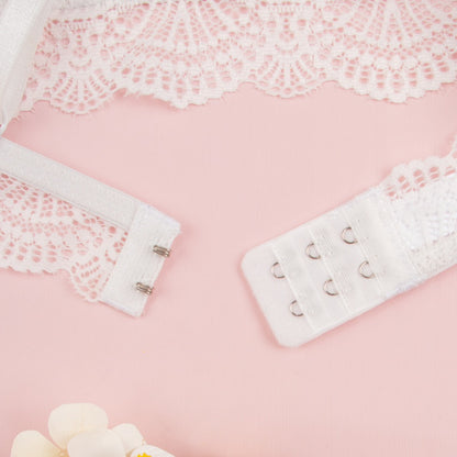 Elegant white lace lingerie designed to flatter curves and boost confidence.