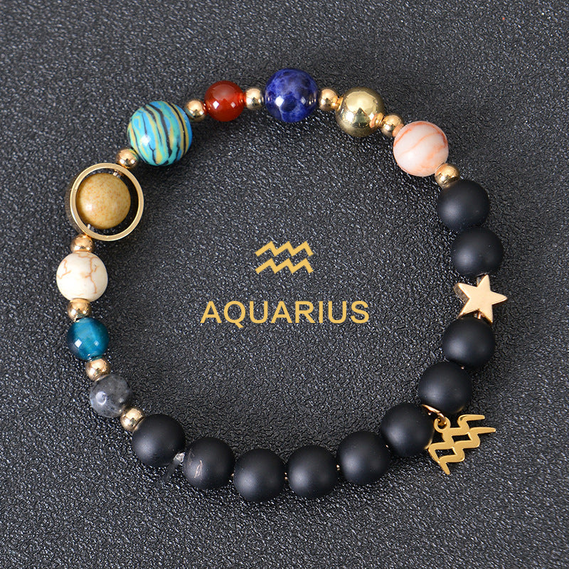 Carry the energy of the cosmos wherever you go. This Eight Planets Twelve Constellations Frosted Stone Beaded Bracelet blends.