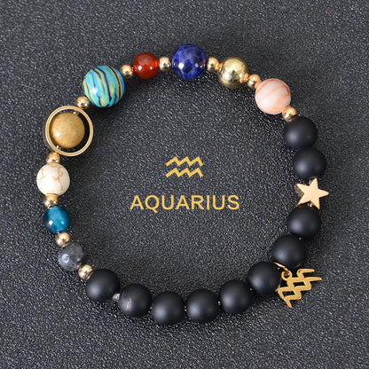 Carry the energy of the cosmos wherever you go. This Eight Planets Twelve Constellations Frosted Stone Beaded Bracelet blends.