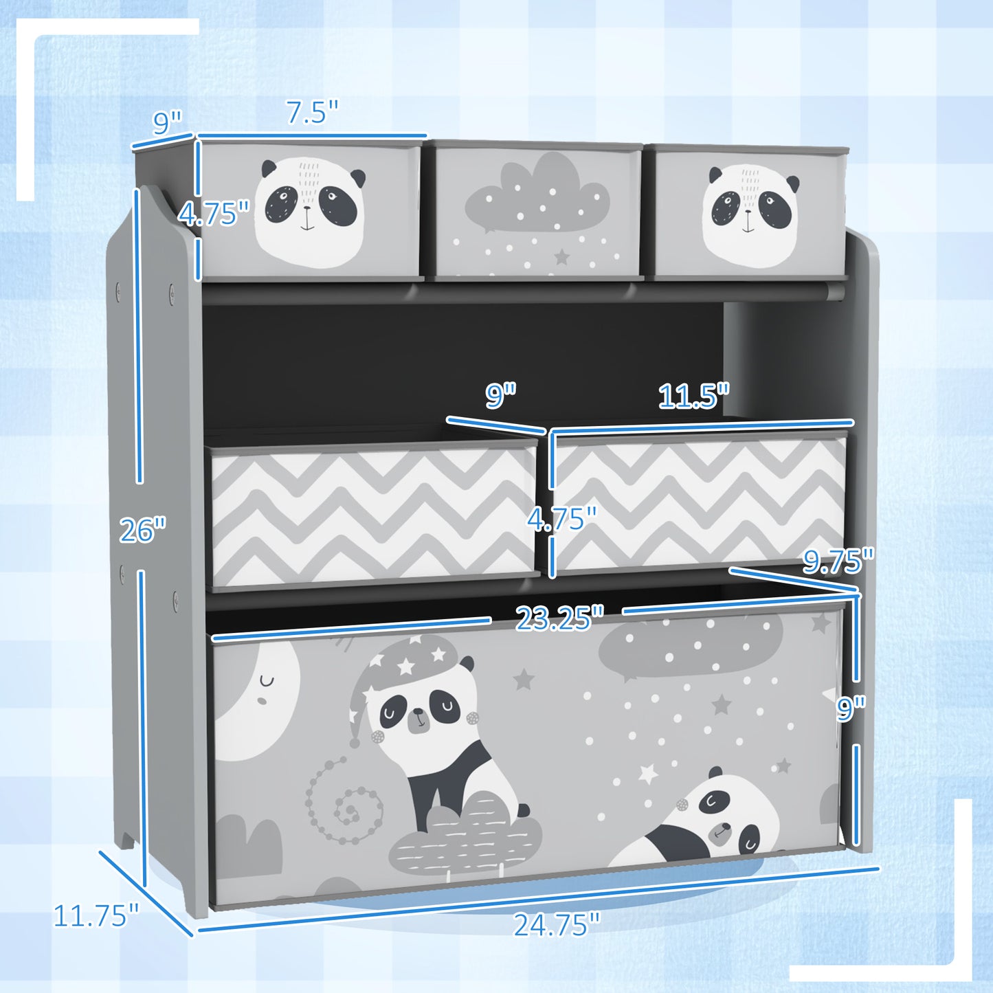 Kids Toy Organizer with 6 Storage Bins, 25" x 12" x 26", Gray