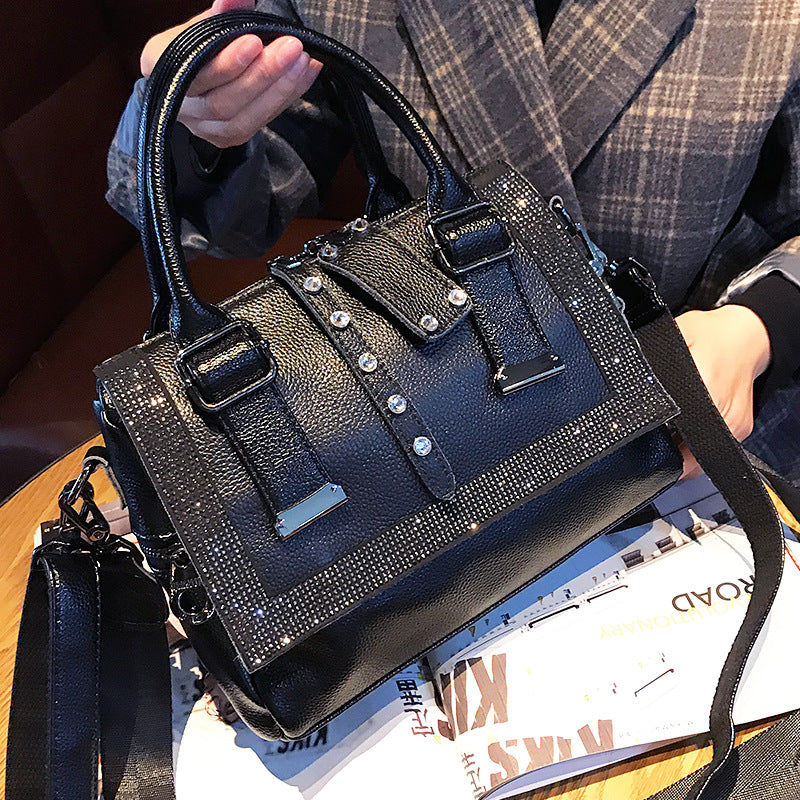 Soft Leather Handbag – Large-Capacity Cowhide Rhinestone Fashion Bag